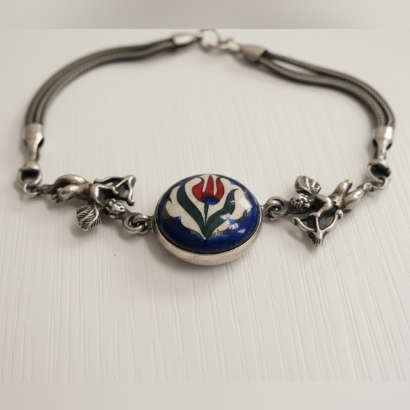 Vintage Turkish Tulip Ceramic Cupid Link Bracelet 925